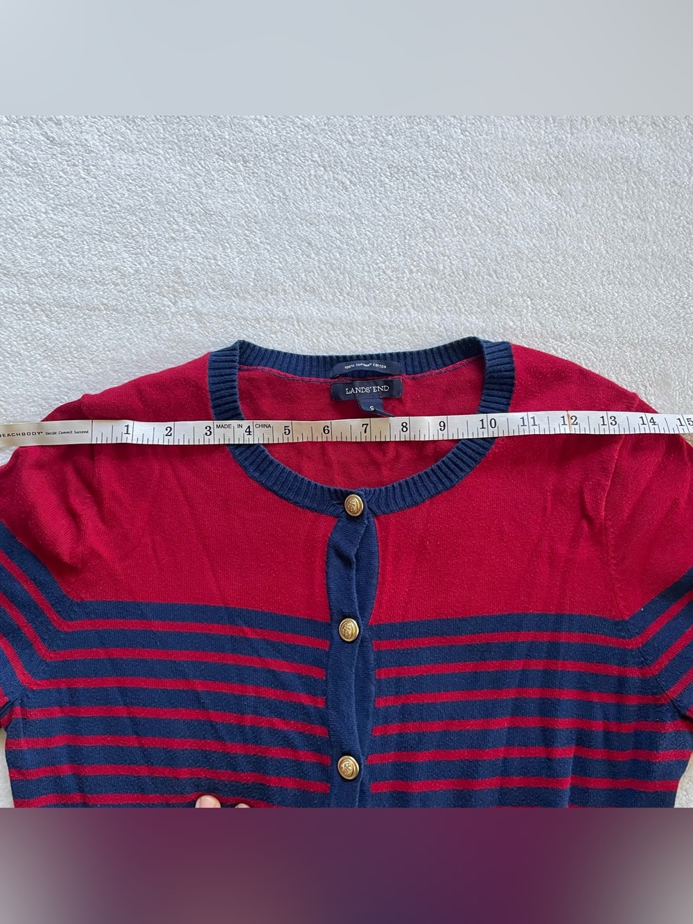 Lands End Red Navy Blue Nautical Cardigan size S 100% Cotton - Picture 8 of 13
